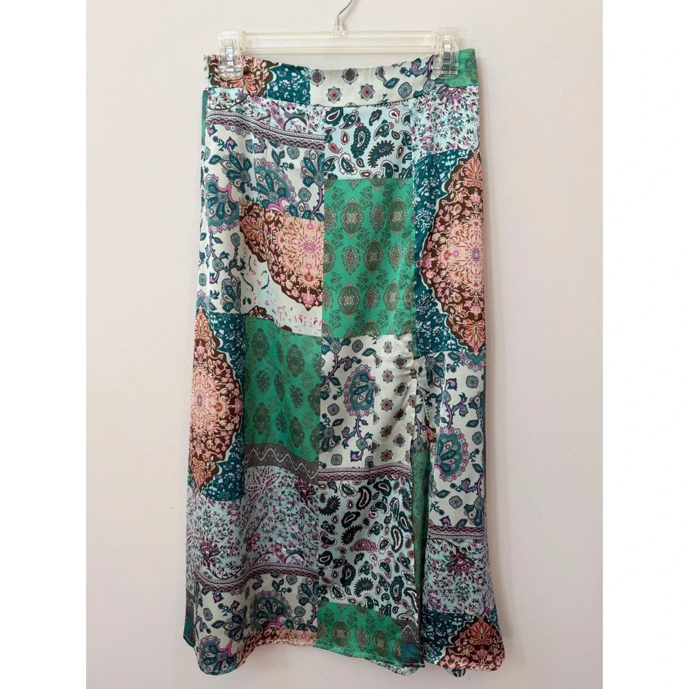 Boho Patchwork Paisley Floral Midi Skirt Teal Green Mixed Print Slit Skirt S/M